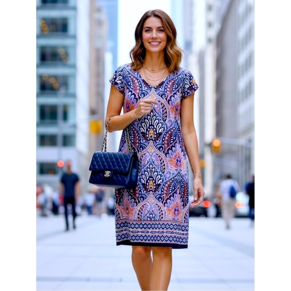 Liz Claiborne Dress Purple Multicolored Paisley Sheath Short Sleeve Travel Work